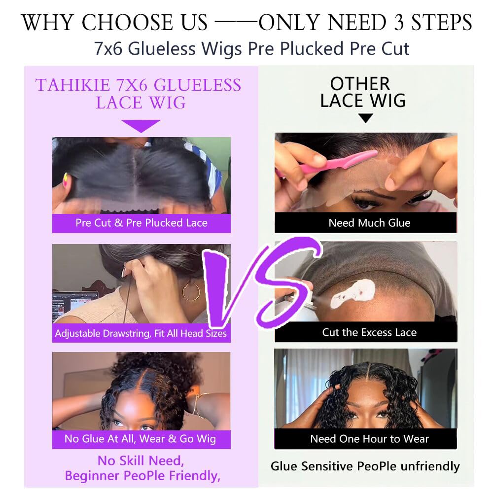 Burmese Curly Glueless Human Hair Pre Plucked Pre Cut 250% Density Drawstring Wig Human Hair 7x6 HD Lace Front Wigs Human Hair for Black Women Wear and Go Glueless Wig