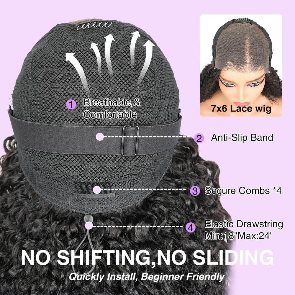 Burmese Curly Glueless Human Hair Pre Plucked Pre Cut 250% Density Drawstring Wig Human Hair 7x6 HD Lace Front Wigs Human Hair for Black Women Wear and Go Glueless Wig